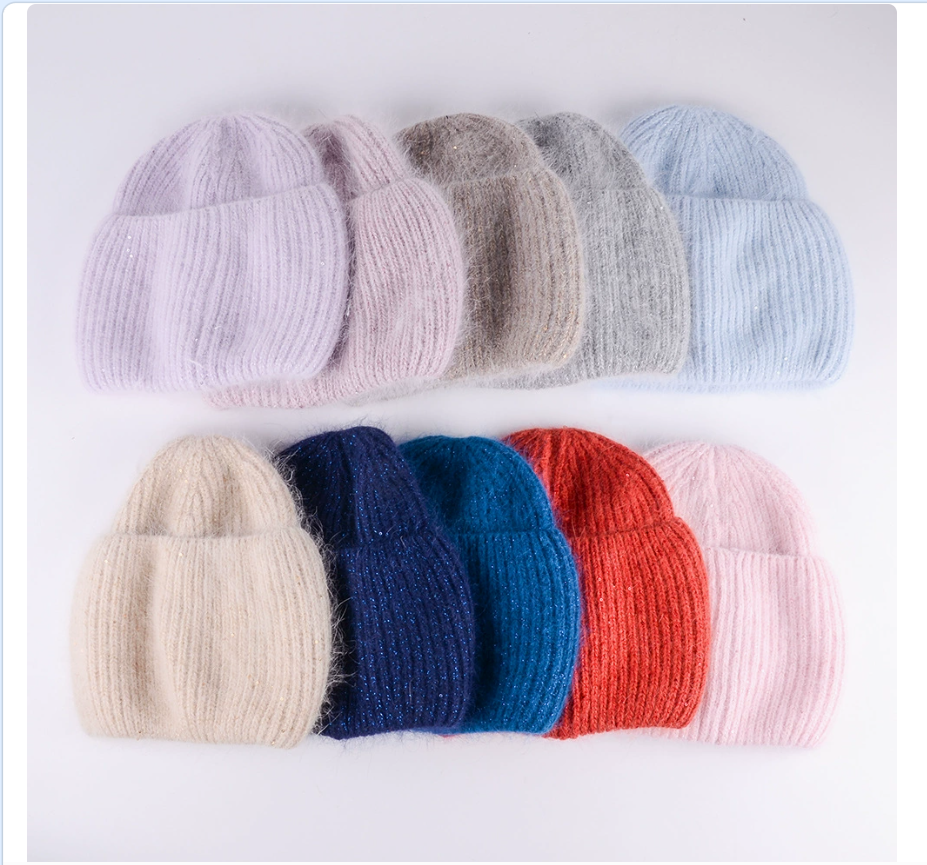 Sequined long rabbit fur pullover hat, autumn and winter warm woolen hat, knitted plush ear protector, custom-made by Russian manufacturer