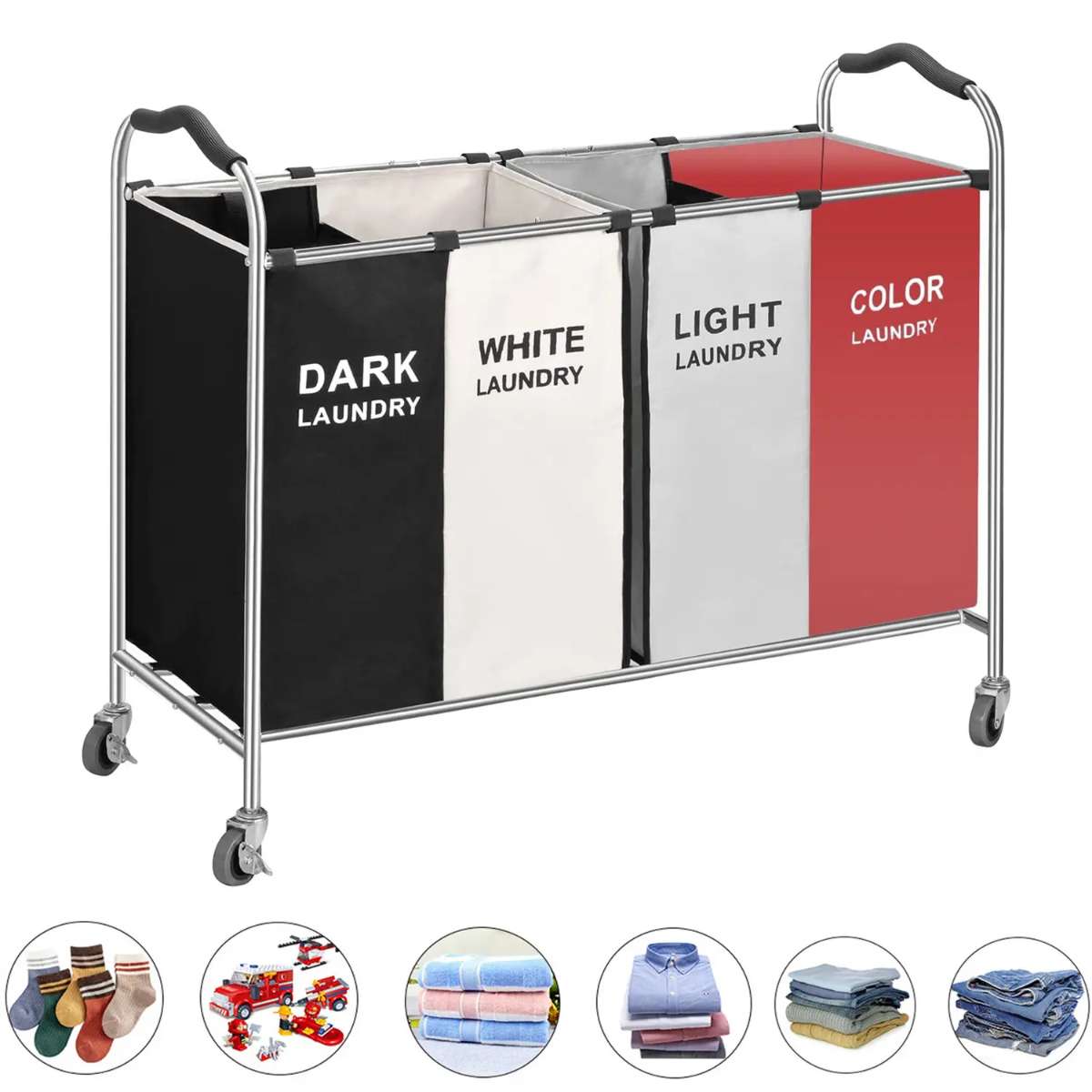 Wholesale four-bag large clothing storage basket classifiers with heavy-duty lockable clothing basket trolleys for storing dirty clothes details Picture