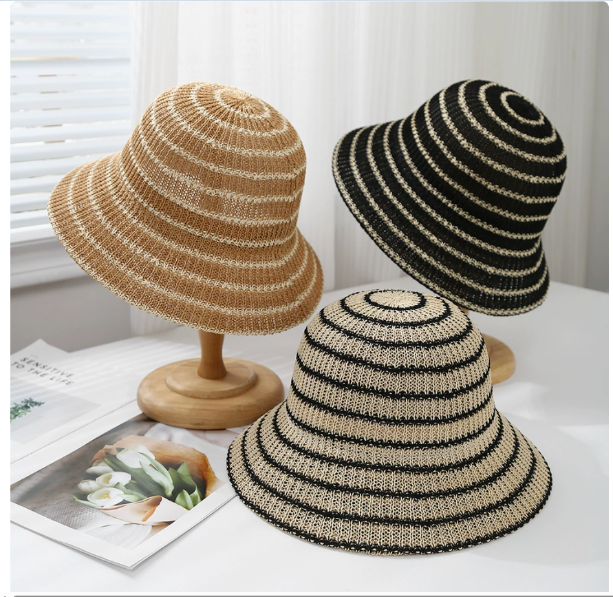 New fisherman's hat for women, new sun-protective women's striped fashionable Japanese bucket hat, simple spring and summer hat, face-showing small basin