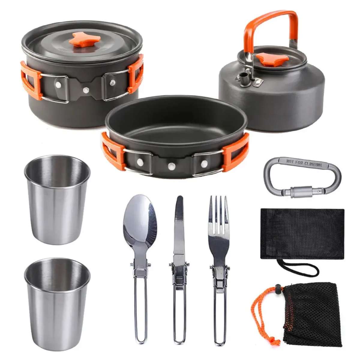 户外野营炊具套装野餐锅具烹饪套装 不粘锅具有可拆卸勺子叉子刀具炊具套装