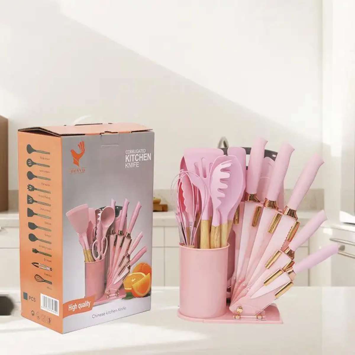 Kitchenware set: 19 pieces, stainless steel kitchen knife set, silicone cookware with cutting board and wooden handle Application Scenario
