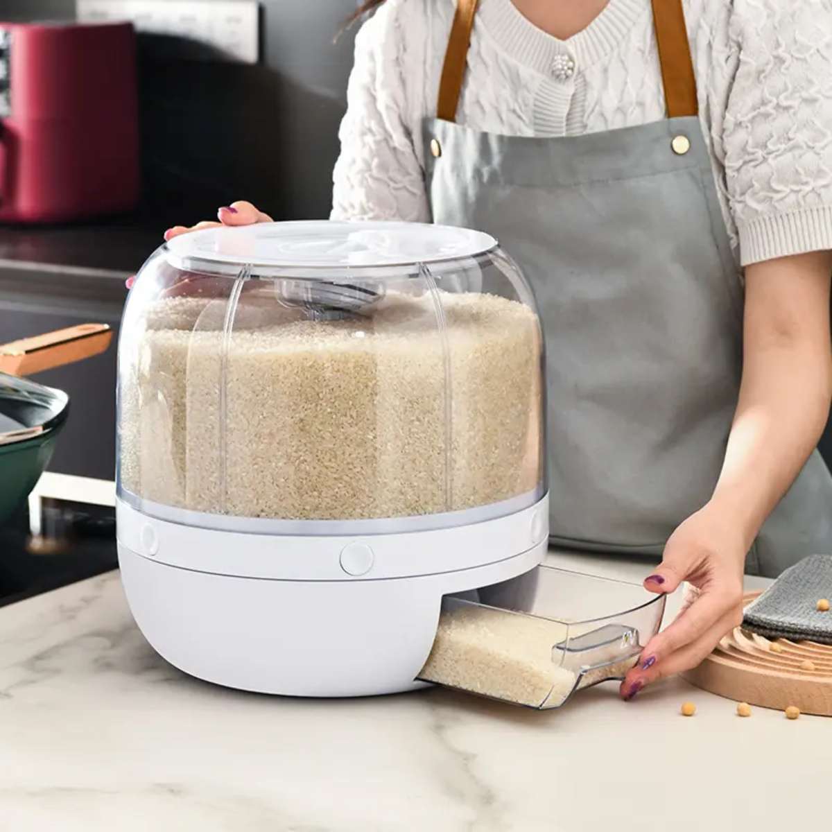 Wholesale kitchen food storage containers, transparent circular rotating plastic bulk grain rice and cereal dispensers Specification image