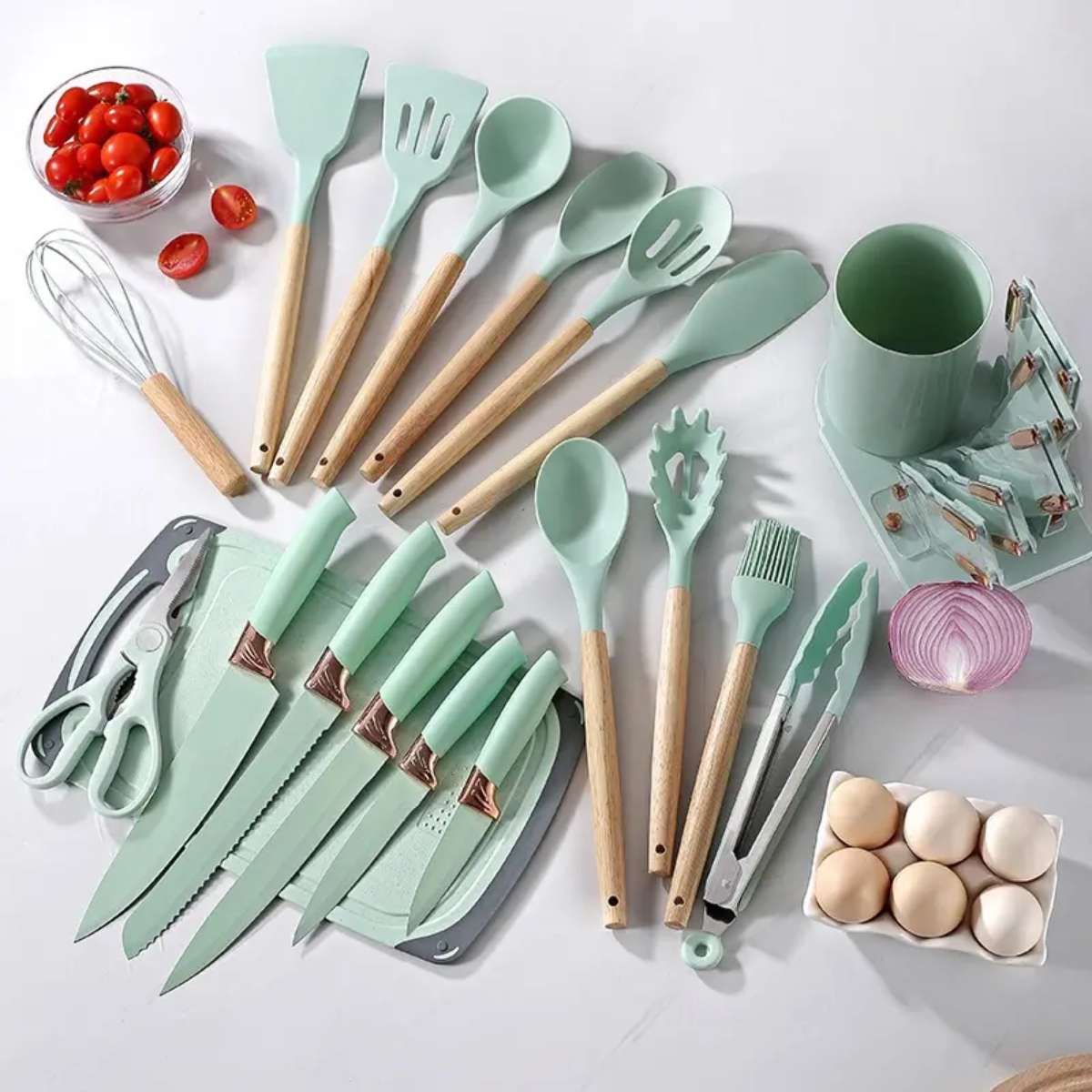 Kitchenware set: 19 pieces, stainless steel kitchen knife set, silicone cookware with cutting board and wooden handle details Picture