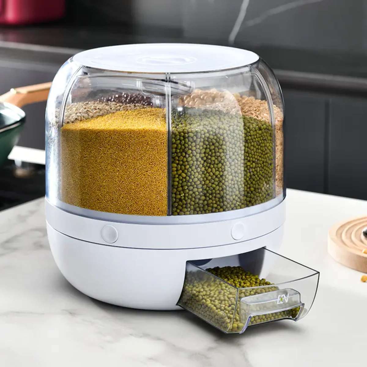 Wholesale kitchen food storage containers, transparent circular rotating plastic bulk grain rice and cereal dispensers details Picture