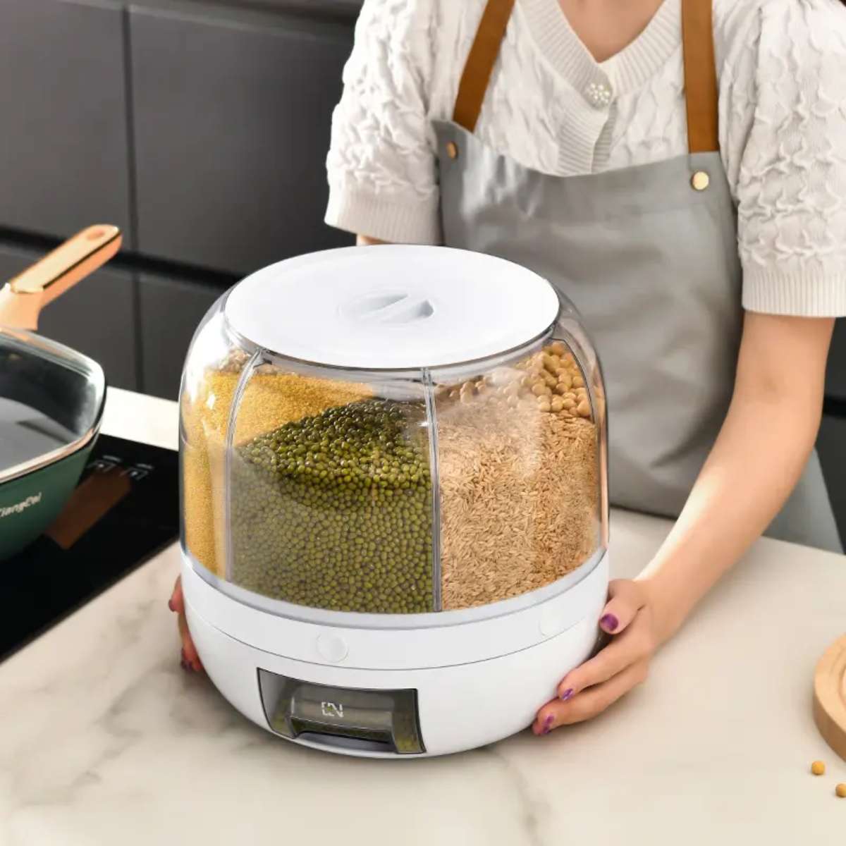 Wholesale kitchen food storage containers, transparent circular rotating plastic bulk grain rice and cereal dispensers Application Scenario