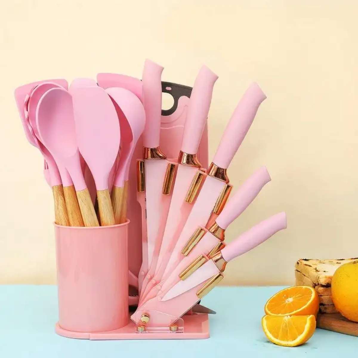 Kitchenware set: 19 pieces, stainless steel kitchen knife set, silicone cookware with cutting board and wooden handle Item Picture