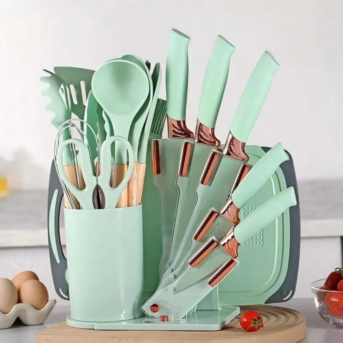 Kitchenware set: 19 pieces, stainless steel kitchen knife set, silicone cookware with cutting board and wooden handle Specification image