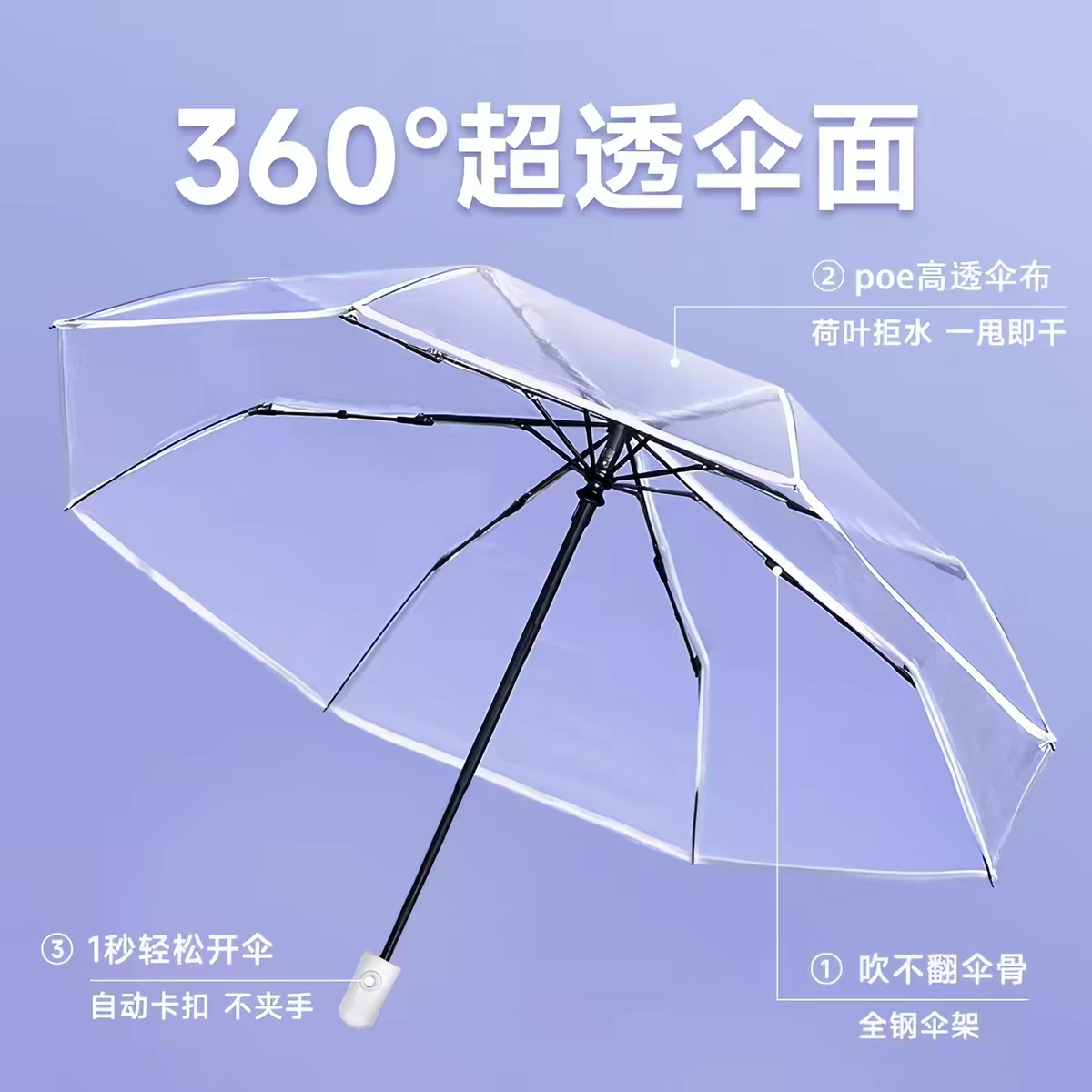 The transparent umbrella is self-opening and self-closing with three folds. It is transparent without pinholes and does not leak details Picture