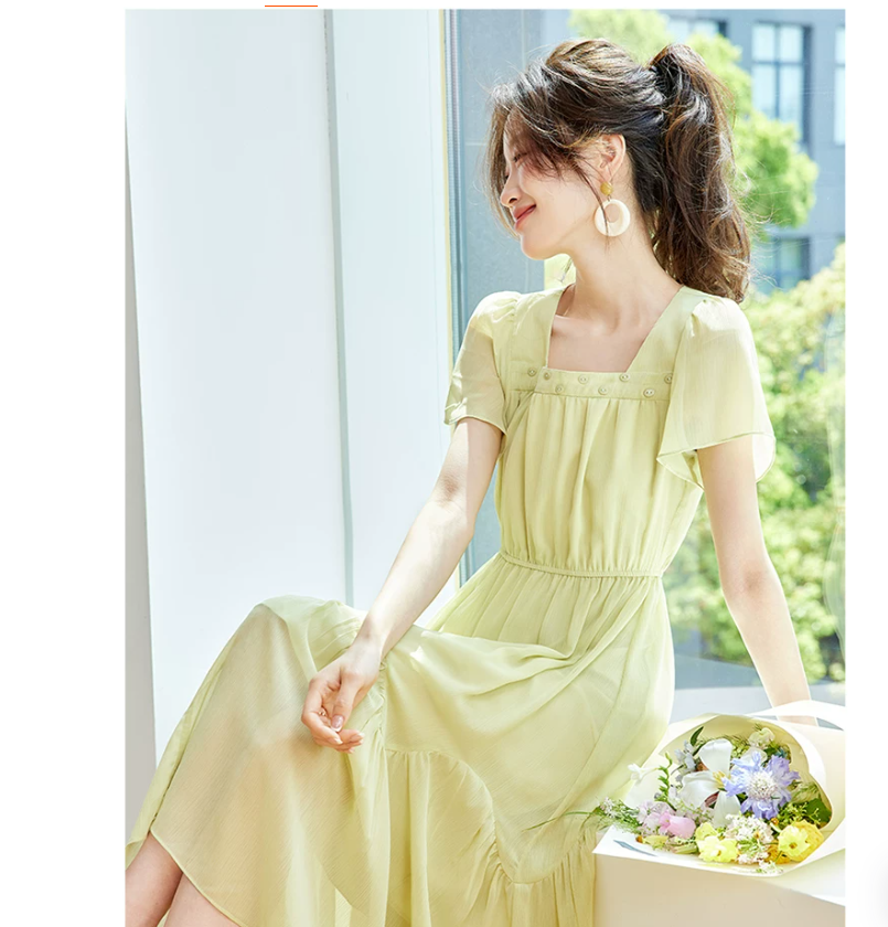 This is a super popular summer dress for women with a high-end square-neck, cinched waist and slimming look