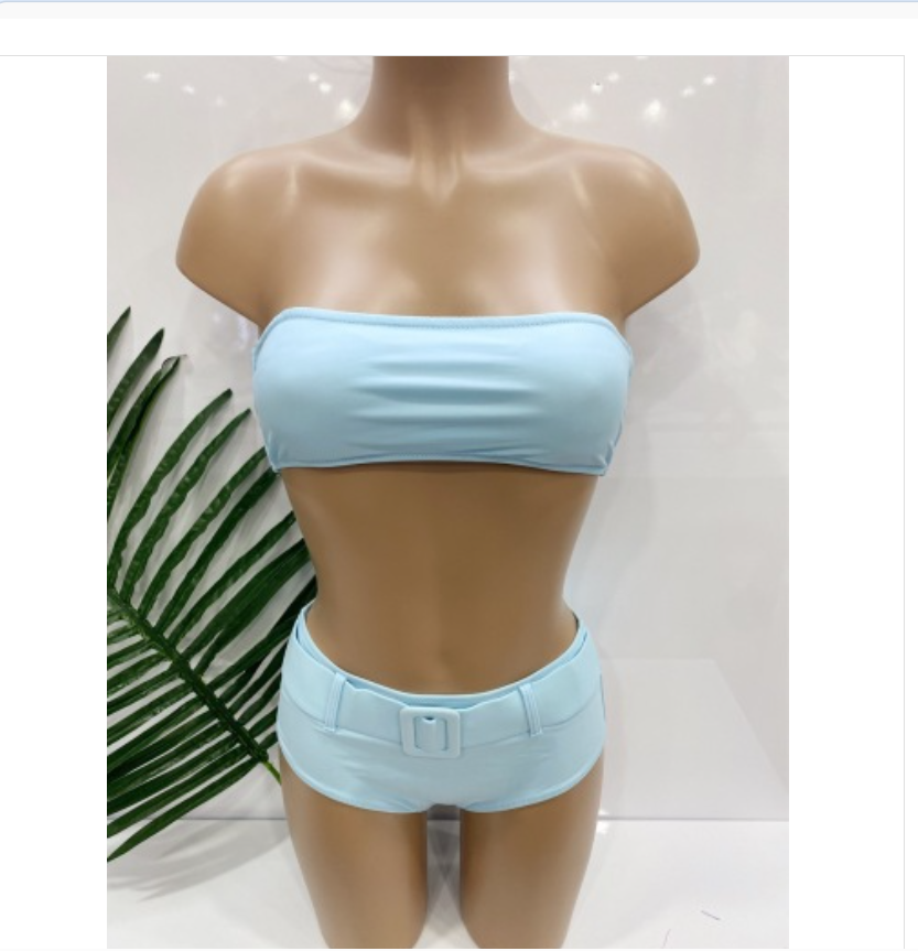 泳衣比基尼蓝色分体现货复古纯色泳装高腰裹胸腰带bikini