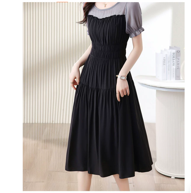 High-end brand silk dress for women's summer new style, a mid-length mulberry silk dress pieced together by elegant socialites Application Scenario