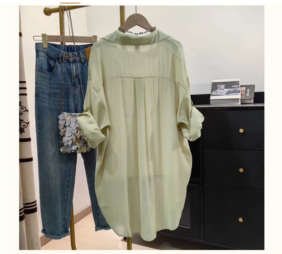 Mid-length, lightweight and sun-protective shirt for women, a new Korean-style casual loose air-conditioned shirt with rolled-up sleeves and a stylish look details Picture