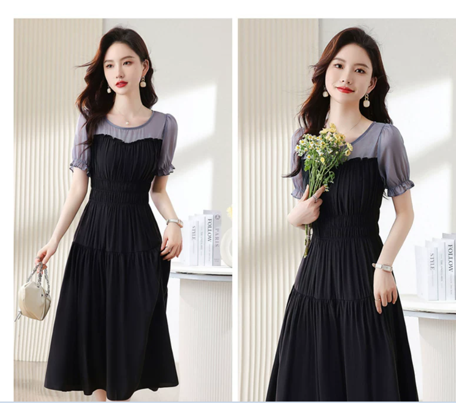 High-end brand silk dress for women's summer new style, a mid-length mulberry silk dress pieced together by elegant socialites Item Picture