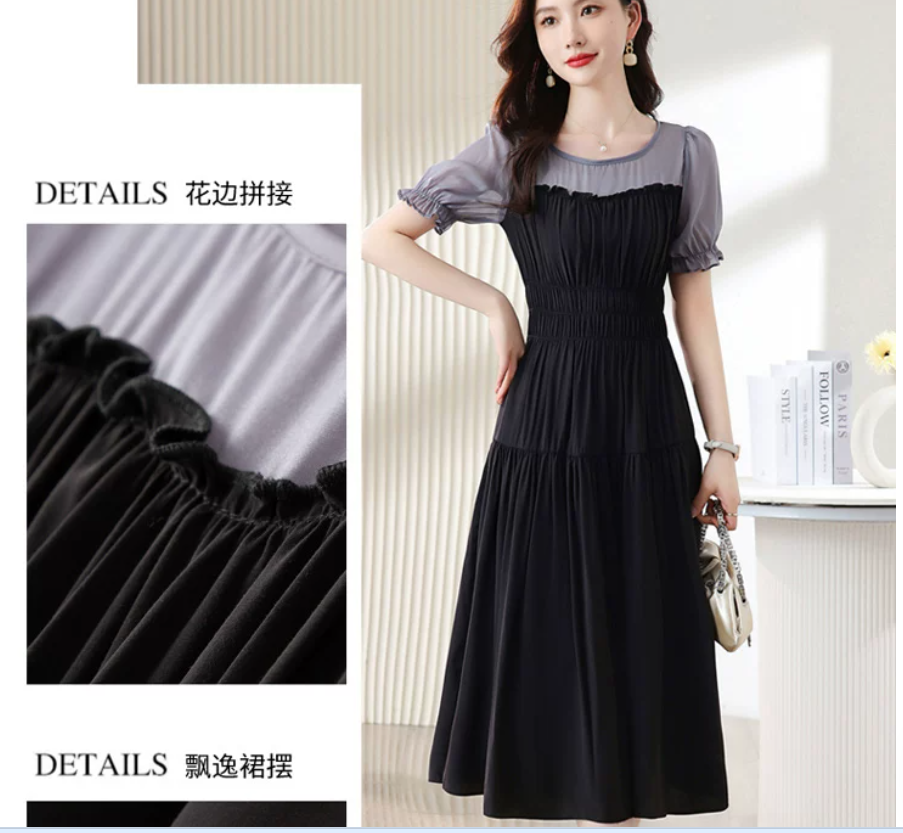 High-end brand silk dress for women's summer new style, a mid-length mulberry silk dress pieced together by elegant socialites Specification image