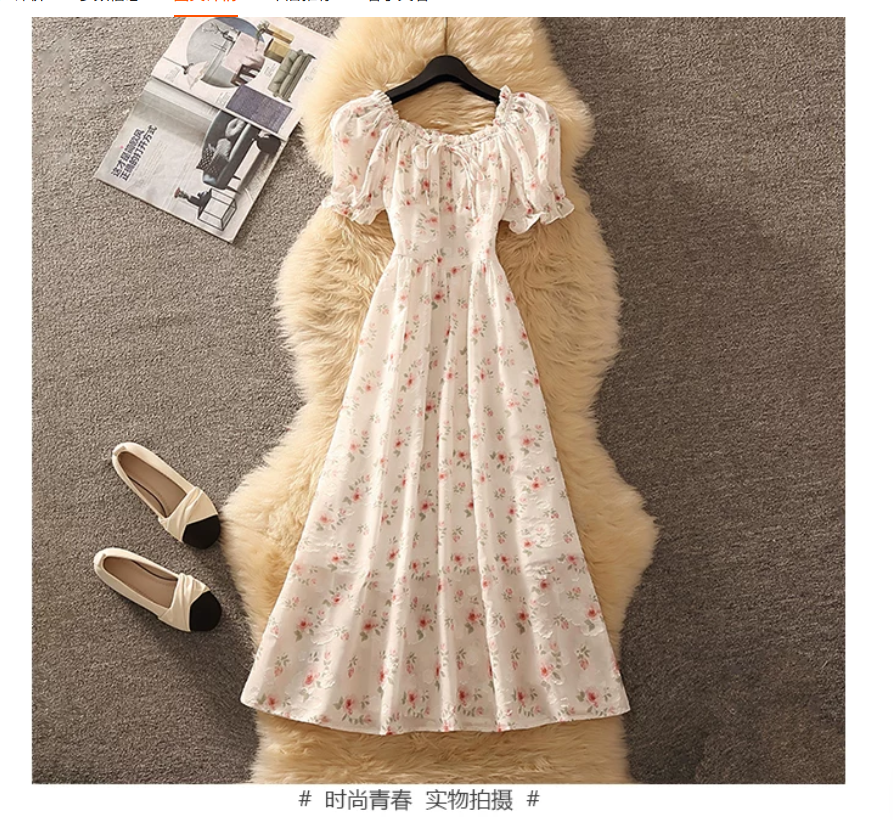 A new French-style floral print dress for women in summer, exuding a high-end and slimming charm. It's a mid-length, ethereal dress