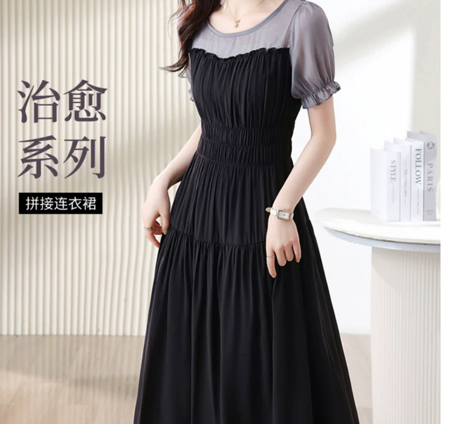 High-end brand silk dress for women's summer new style, a mid-length mulberry silk dress pieced together by elegant socialites
