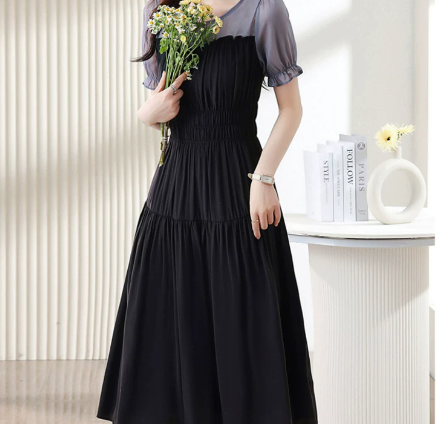 High-end brand silk dress for women's summer new style, a mid-length mulberry silk dress pieced together by elegant socialites details Picture