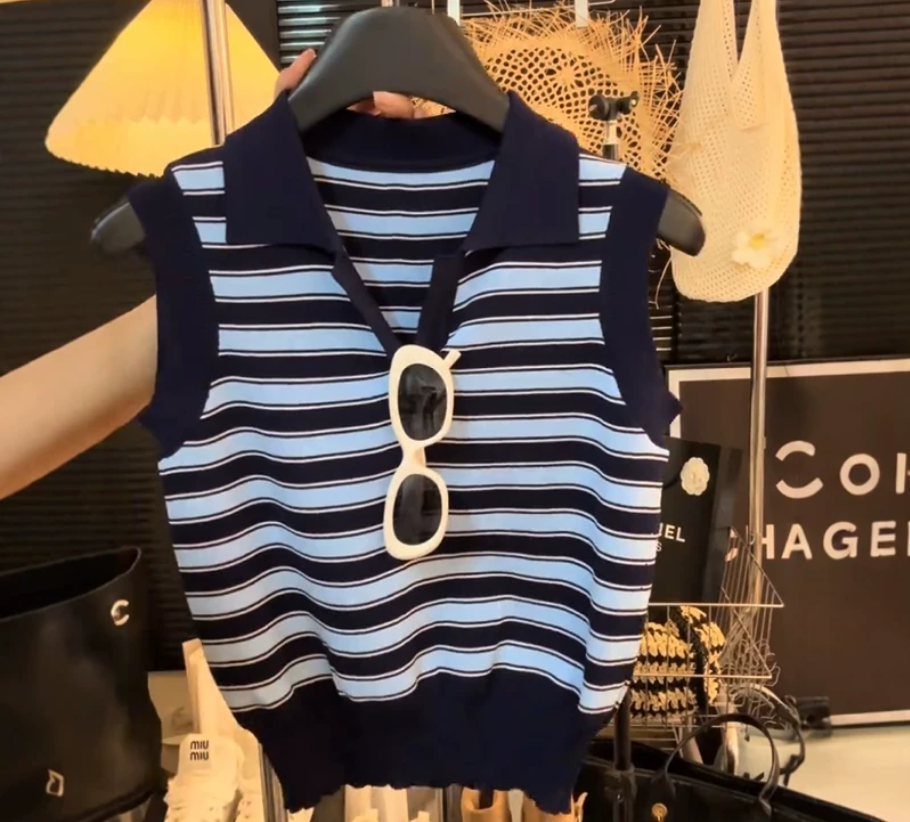 Summer new stylish contrasting color striped polo collar sleeveless knitted sweater vest top women's set