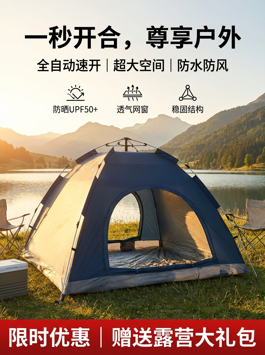 户外大号弹簧自动帐篷用品野营双人速开新型防雨防晒野外露营装备
