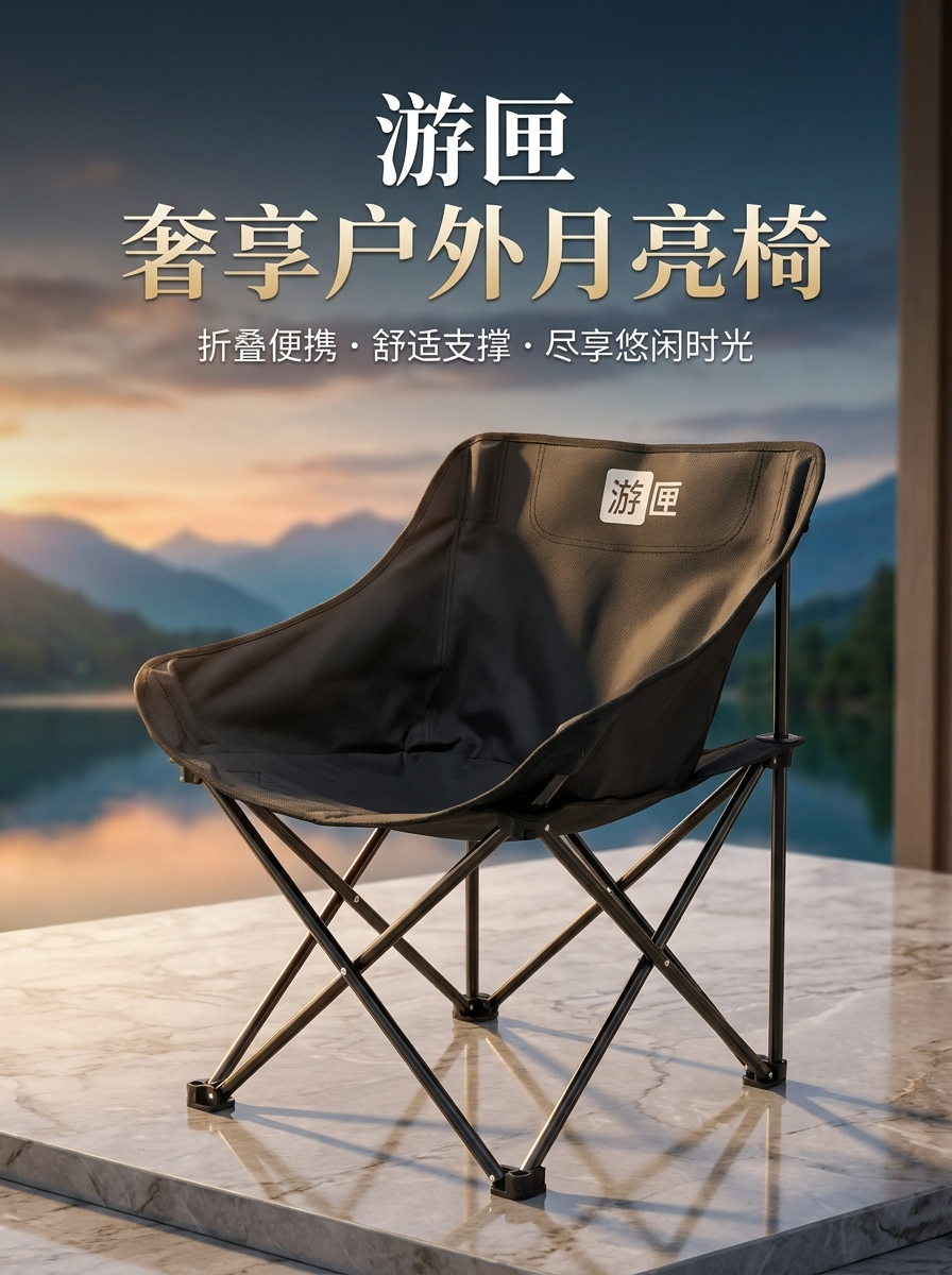 黑色便携月亮椅户外露营椅舒适支撑折叠椅老人户外用品露营折叠户外月亮椅