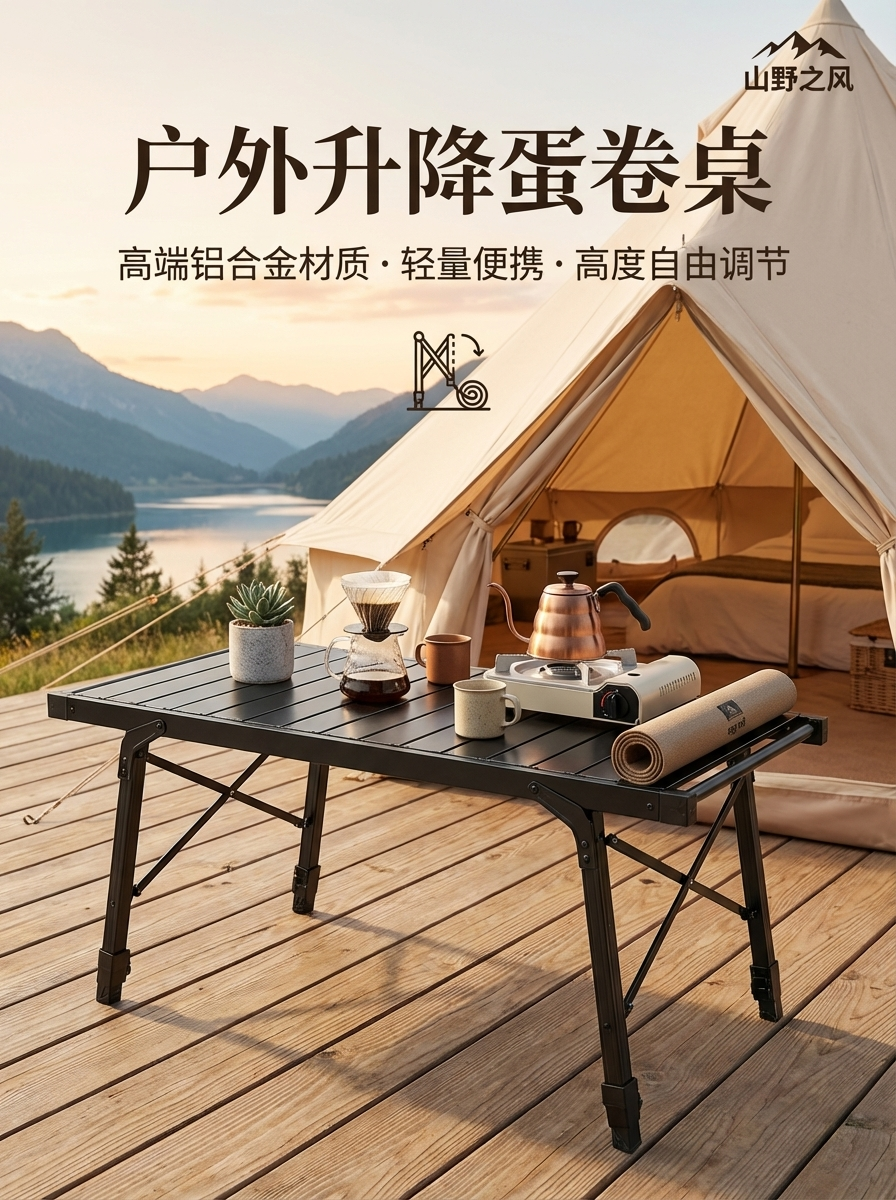 信天翁高档户外铝板桌蛋卷桌露营折叠桌便携升降野餐烧烤桌