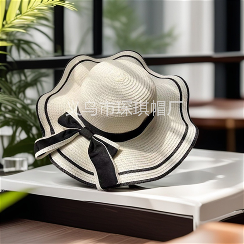 Ladies' straw hat, bow ribbon straw hat, beach hat, wavy border sun-drying hat, sun hat, seaside vacation, travel, daily outdoor leisure urban style details Picture