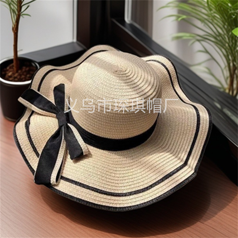 Ladies' straw hat, bow ribbon straw hat, beach hat, wavy border sun-drying hat, sun hat, seaside vacation, travel, daily outdoor leisure urban style Specification image