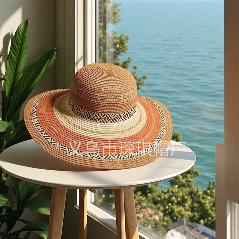 Women's summer straw hats, colorful straw woven beach hats, ethnic style seaside vacation sun protection hats, travel outdoor leisure breathable sun hats, Lafite grass hats