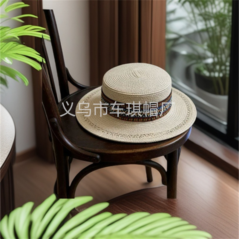 Men's and women's spring and summer flat-topped straw hats, colorful woven straps, ethnic-style straw hats, beach hats, sun protection and shade hats, seaside vacation, outdoor travel, outdoor leisure sports Specification image
