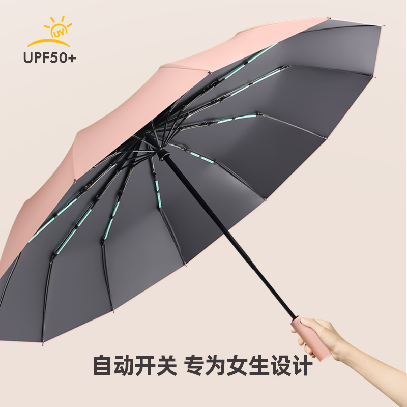 Hengdun fully automatic reverse section folding umbrella for women, 12-bone double fiberglass reinforced, wind-resistant safety, anti-rebound, black rubber sun protection, UPF50 + UV protection, all-weather portable umbrella Item Picture