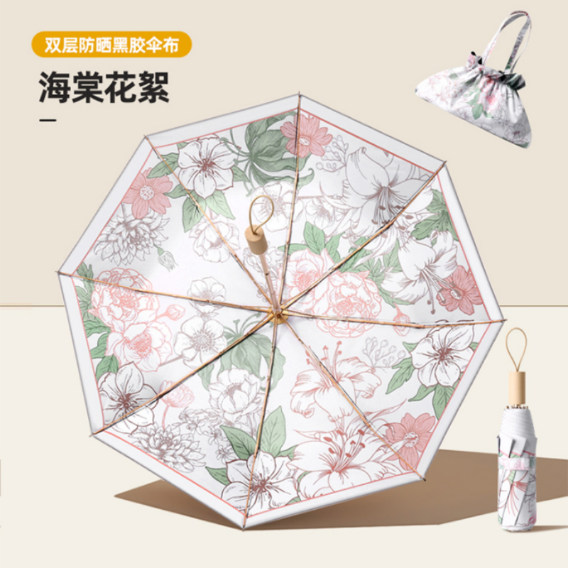 Hengdun Chinese style flower double-layer sun protection black rubber umbrella, wooden handle UV protection sunshade umbrella, high-density UV color rubber printed sun protection umbrella, heat insulation and cooling portable folding gift umbrella are available for wholesale and customization Item Picture