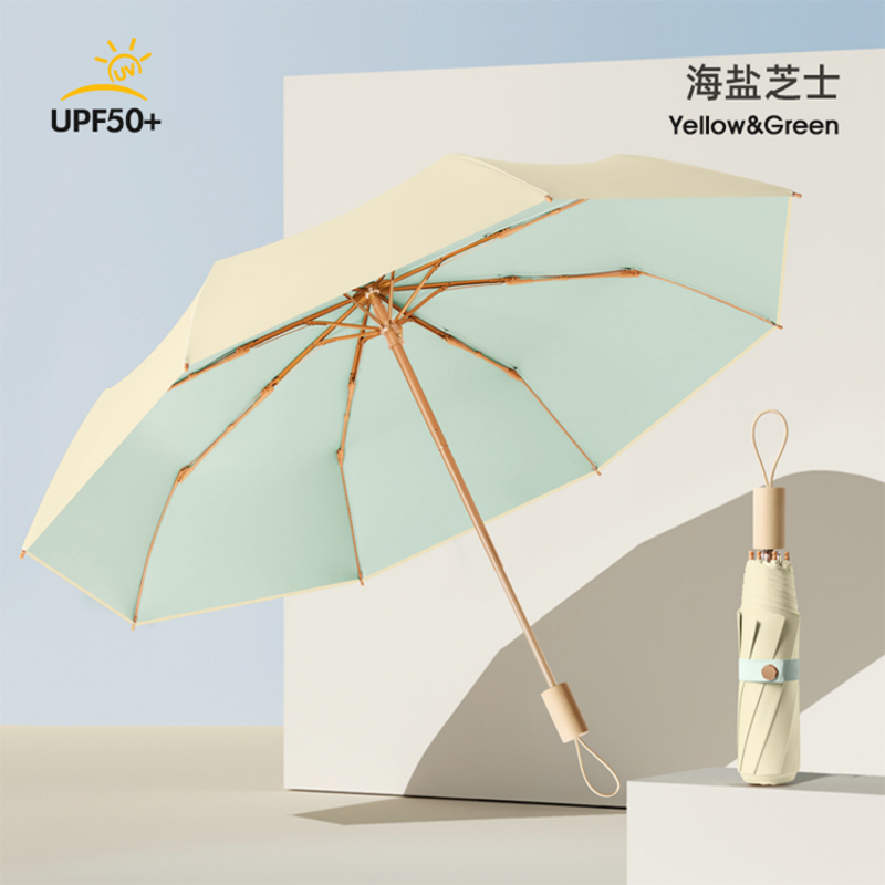 Hengdun Macaron-colored wooden handle folding umbrella UPF50 + color-blocking three-fold umbrella Portable all-weather umbrella, color rubber sun protection and UV-blocking pocket umbrella factory stock available for wholesale and custom LOGO Application Scenario