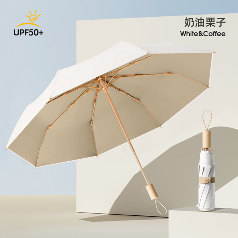 Hengdun Macaron-colored wooden handle folding umbrella UPF50 + color-blocking three-fold umbrella Portable all-weather umbrella, color rubber sun protection and UV-blocking pocket umbrella factory stock available for wholesale and custom LOGO pic 6