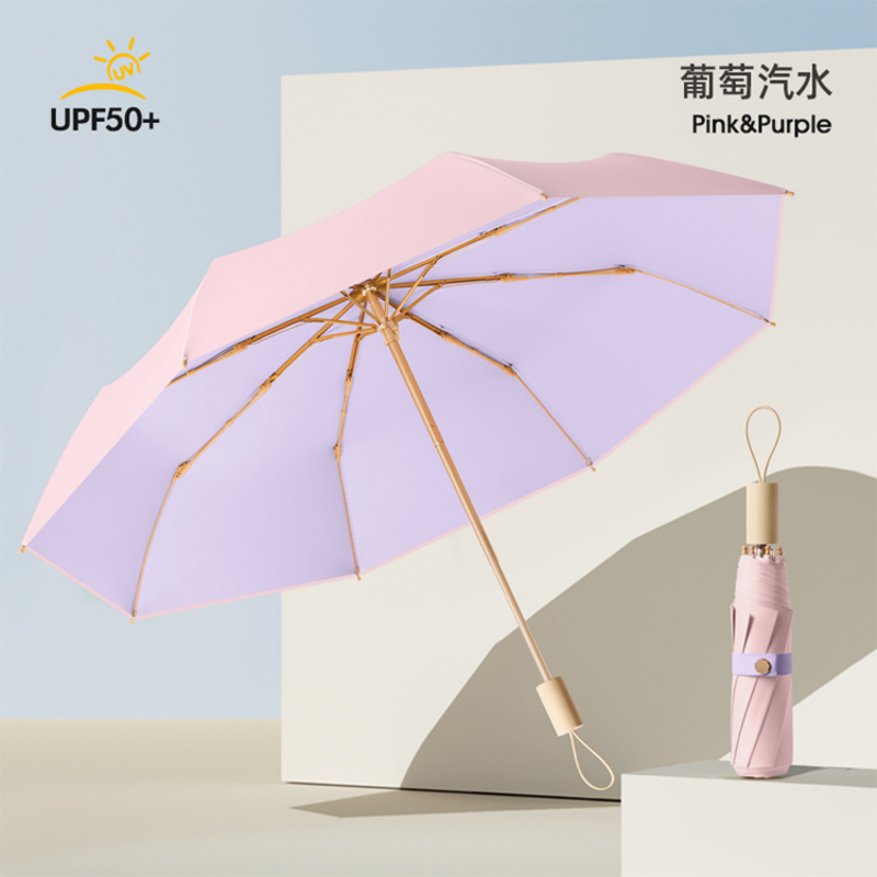 Hengdun Macaron-colored wooden handle folding umbrella UPF50 + color-blocking three-fold umbrella Portable all-weather umbrella, color rubber sun protection and UV-blocking pocket umbrella factory stock available for wholesale and custom LOGO pic 7