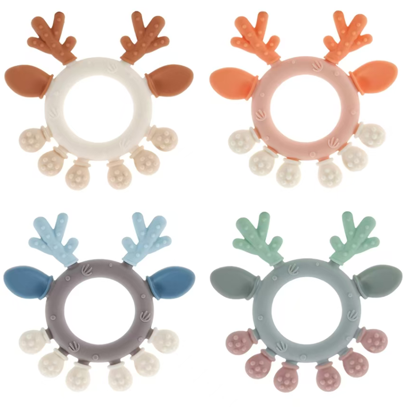 Antler-shaped silicone bite rings, baby teething rings, beech wood baby products, bear teething rings toys