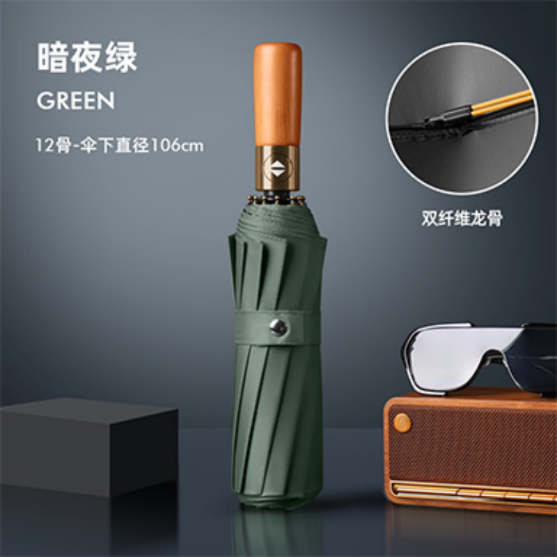 Hengdun 10-bone double-fiber keel solid wood handle fully automatic sunshade umbrella, one-click opening and closing, windproof and rainproof black rubber all-weather umbrella, unisplendable sun protection umbrella, portable three-folding umbrella for commuting, factory stock pic 9