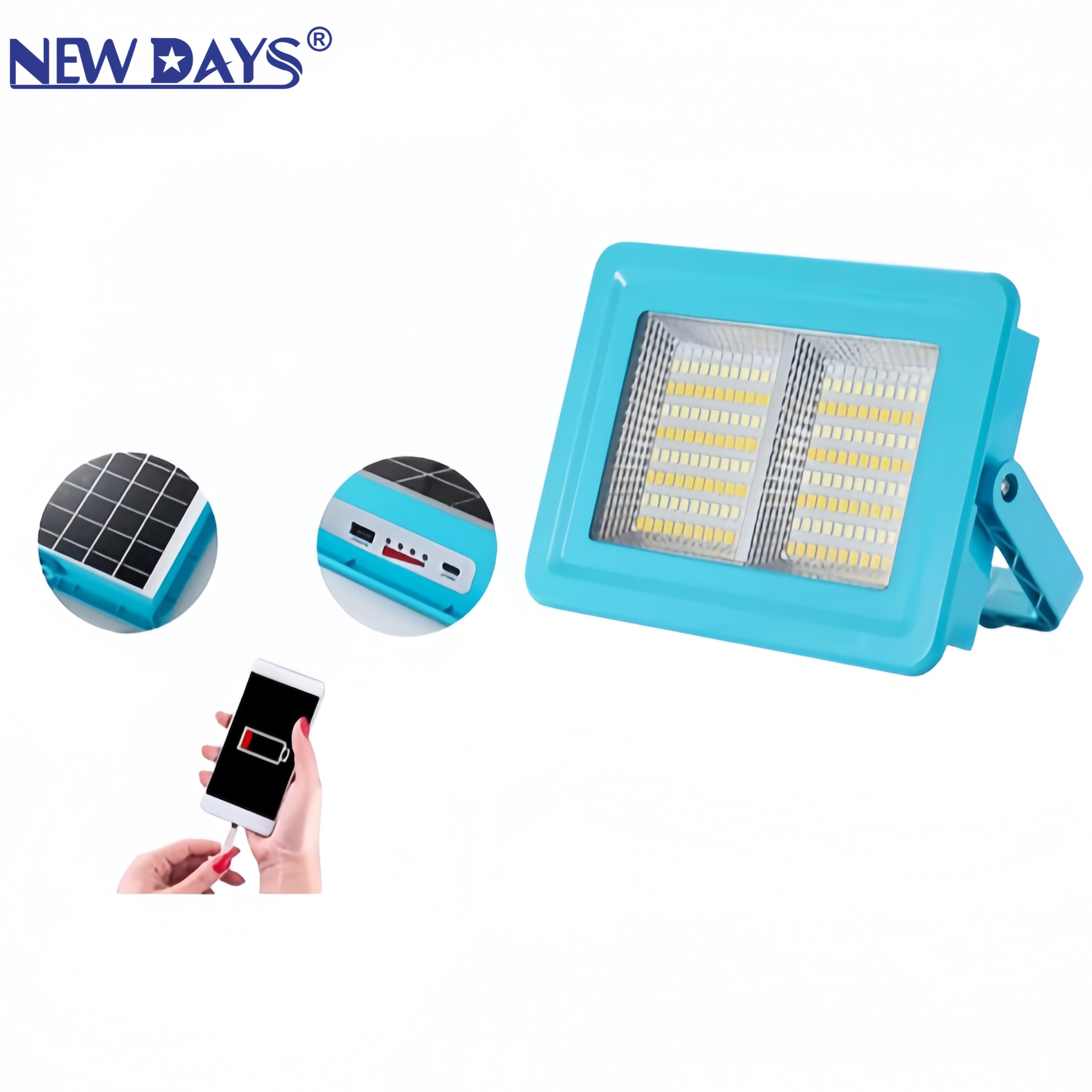 NEWDAYS brand cross-border new solar led floodlights, outdoor charging emergency lights, camping lights, waterproof energy-saving high-brightness lighting lights, led lights and solar lights Item Picture