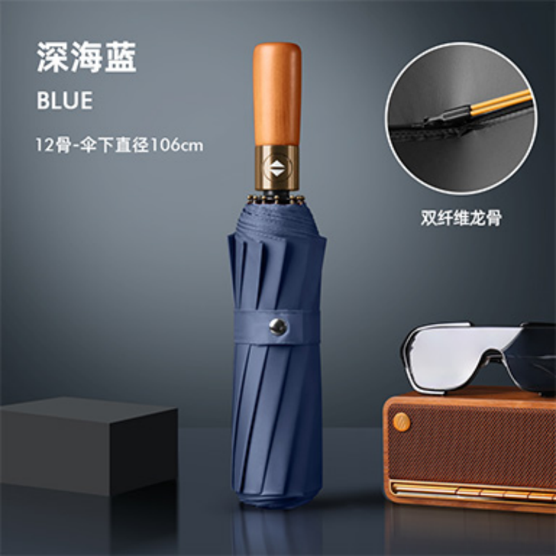 Hengdun 10-bone double-fiber keel solid wood handle fully automatic sunshade umbrella, one-click opening and closing, windproof and rainproof black rubber all-weather umbrella, unisplendable sun protection umbrella, portable three-folding umbrella for commuting, factory stock details Picture