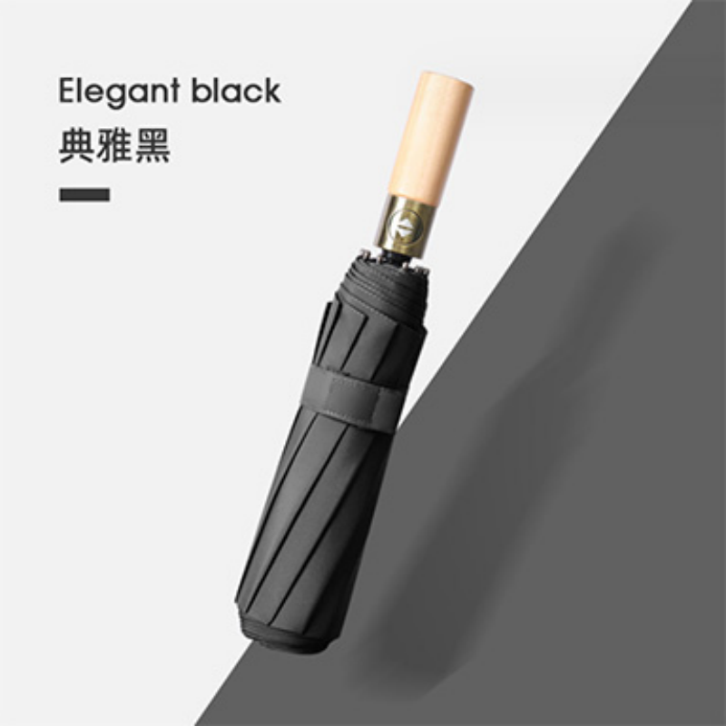 Hengdun Business style folding fully automatic umbrella, matte black, high-end texture, solid wood handle, 10-bone fiberglass umbrella frame, rain and wind protection, portable commuting sun protection umbrella. Factory stock available, wholesale and customization supported