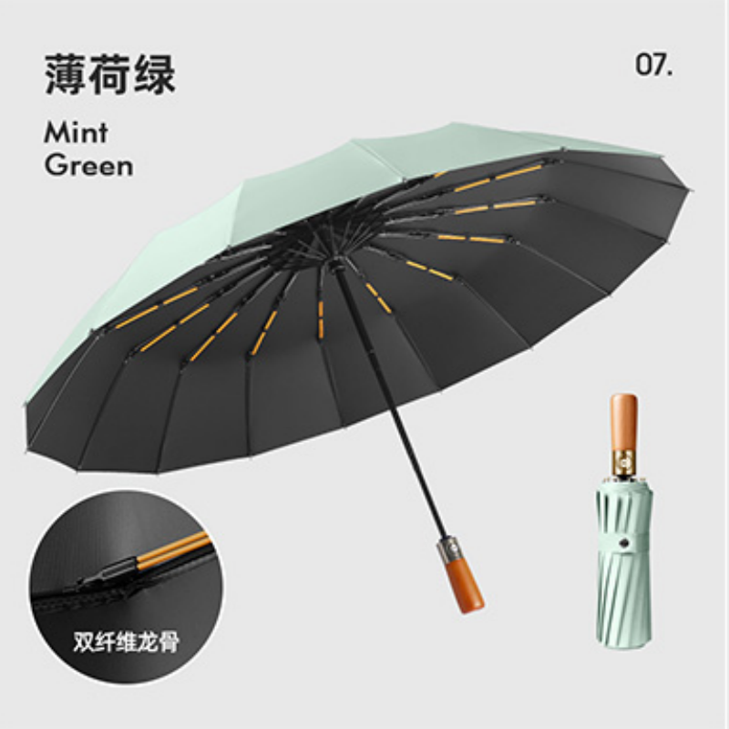 Hengdun 10-bone double-fiber keel solid wood handle fully automatic sunshade umbrella, one-click opening and closing, windproof and rainproof black rubber all-weather umbrella, unisplendable sun protection umbrella, portable three-folding umbrella for commuting, factory stock pic 14