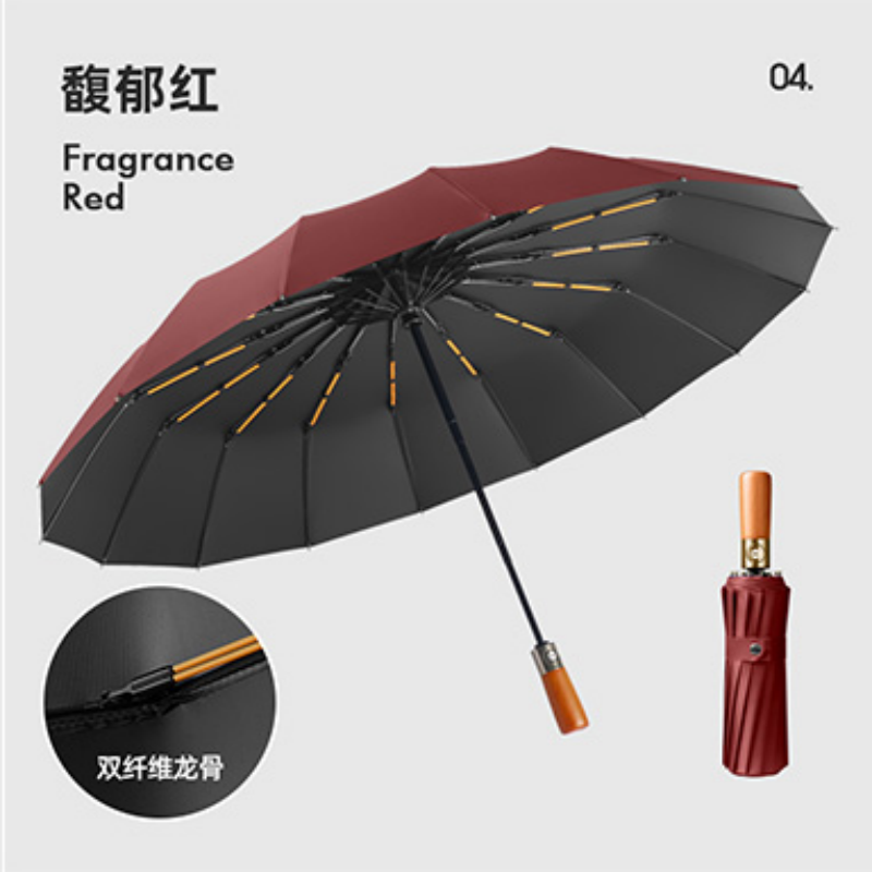 Hengdun 10-bone double-fiber keel solid wood handle fully automatic sunshade umbrella, one-click opening and closing, windproof and rainproof black rubber all-weather umbrella, unisplendable sun protection umbrella, portable three-folding umbrella for commuting, factory stock pic 15