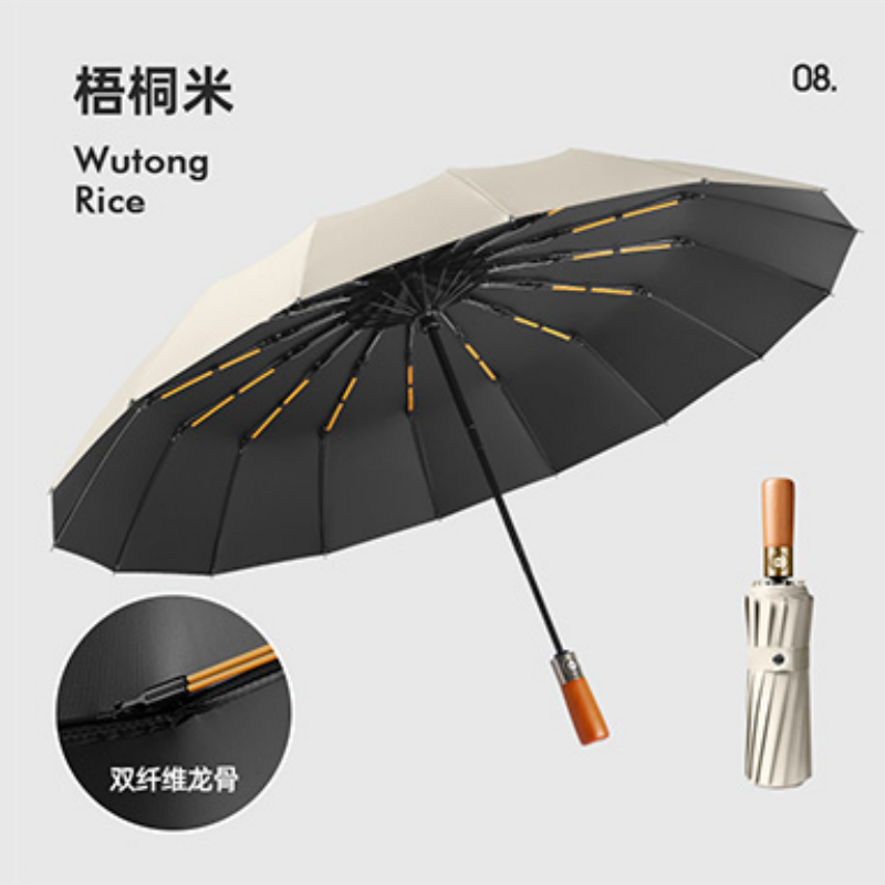 Hengdun 10-bone double-fiber keel solid wood handle fully automatic sunshade umbrella, one-click opening and closing, windproof and rainproof black rubber all-weather umbrella, unisplendable sun protection umbrella, portable three-folding umbrella for commuting, factory stock pic 19