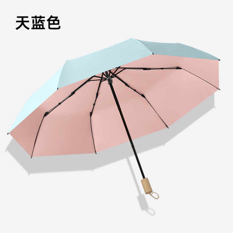 恒盾 原木手柄三折手动晴雨伞 撞色彩胶内里防晒防紫外线太阳伞 简约纯色便携折叠遮阳伞 学生通勤两用雨伞可批发定制logo