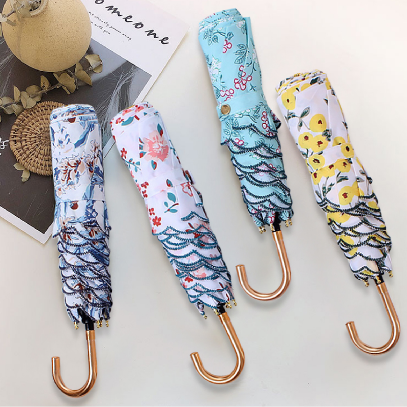Hengdun Forest series floral lace edge curved hook three-fold umbrella black rubber sun and wind protection umbrella, lightweight and portable, folding UV protection sunshade, multi-color mixed batch, customizable logo, factory stock available for wholesale