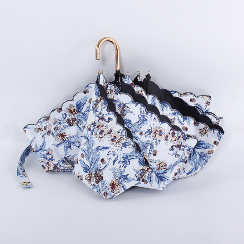 Hengdun Forest series floral lace edge curved hook three-fold umbrella black rubber sun and wind protection umbrella, lightweight and portable, folding UV protection sunshade, multi-color mixed batch, customizable logo, factory stock available for wholesale Item Picture