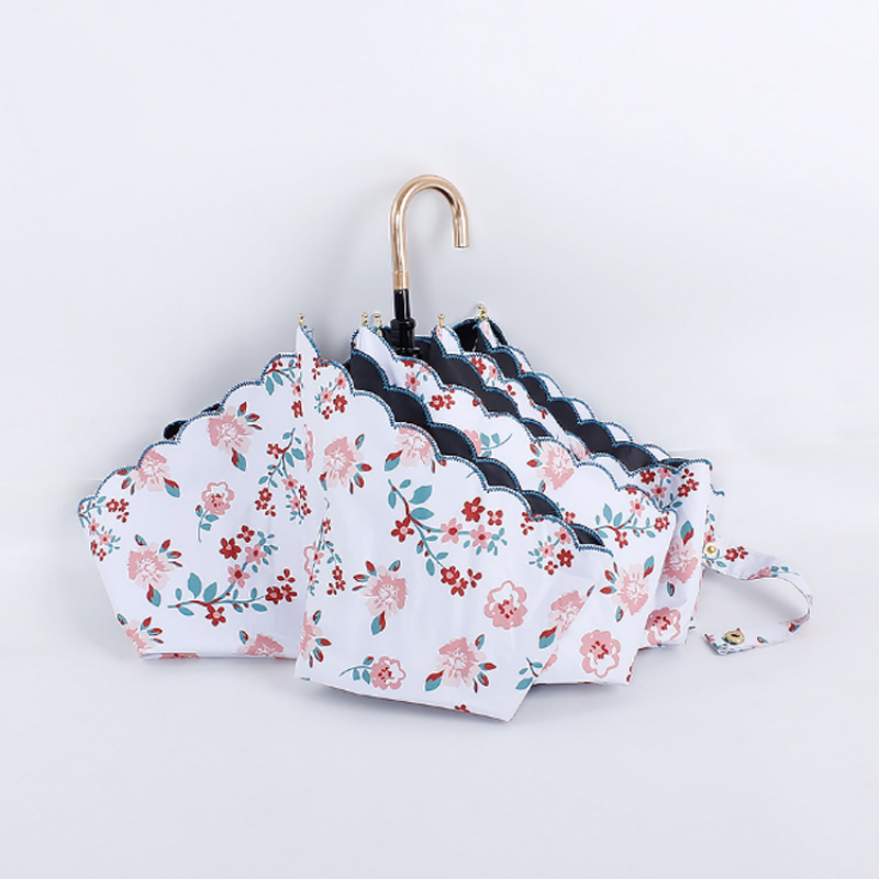 Hengdun Forest series floral lace edge curved hook three-fold umbrella black rubber sun and wind protection umbrella, lightweight and portable, folding UV protection sunshade, multi-color mixed batch, customizable logo, factory stock available for wholesale details Picture