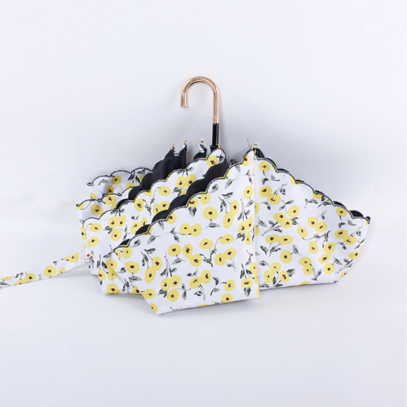 Hengdun Forest series floral lace edge curved hook three-fold umbrella black rubber sun and wind protection umbrella, lightweight and portable, folding UV protection sunshade, multi-color mixed batch, customizable logo, factory stock available for wholesale Specification image