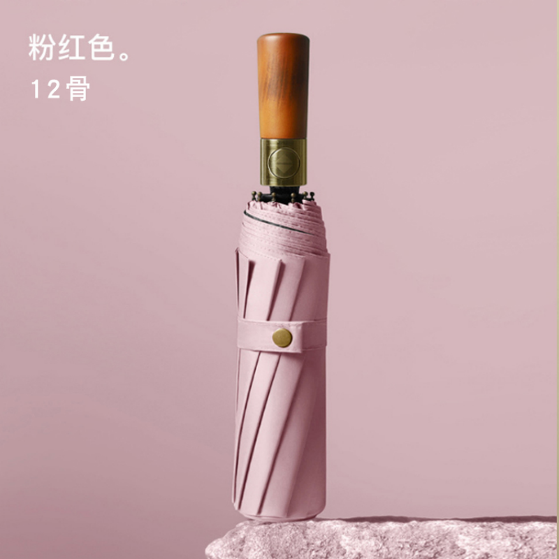 Hengdun 12-bone solid wood handle fully automatic folding umbrella, black rubber sun protection and UV protection business umbrella, reinforced and reinforced storm resistance portable three-fold sunshade umbrella for men and women, Morandi solid color commuter sun umbrella Specification image