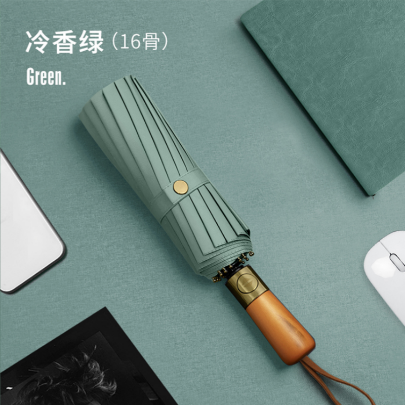 Hengdun high-end solid wood handle fully automatic folding umbrella, 12-bone reinforced windproof black rubber sun protection business umbrella, business commuting portable sunshade umbrella, reinforced windproof, rain and sun dual-purpose umbrella, wholesale and customization supported Item Picture
