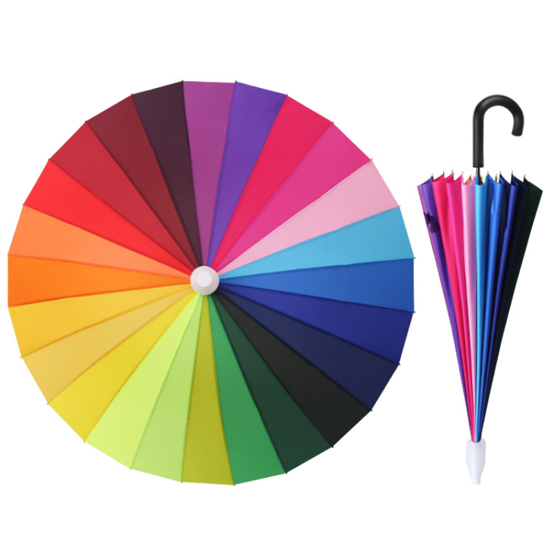 The Hengdun high appearance level 24-bone large rainbow umbrella comes with a transparent waterproof cover that won't get your clothes wet, is water-resistant and wind-resistant, and has a reinforced long handle straight pole umbrella with a frosted curved handle. It supports wholesale and custom logo details Picture